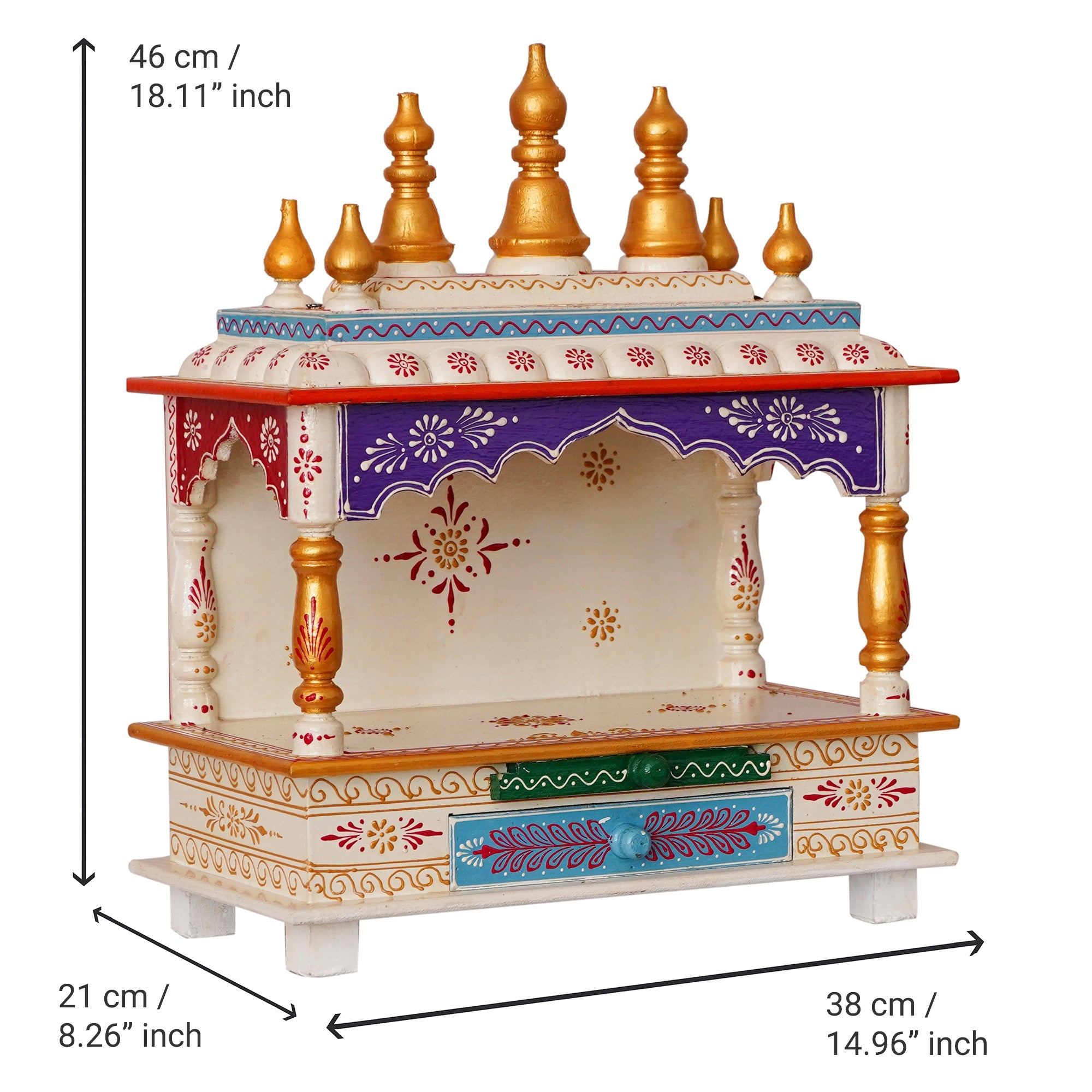 Golden and White Wooden Pooja Temple/Mandir with Storage Option Kafalo