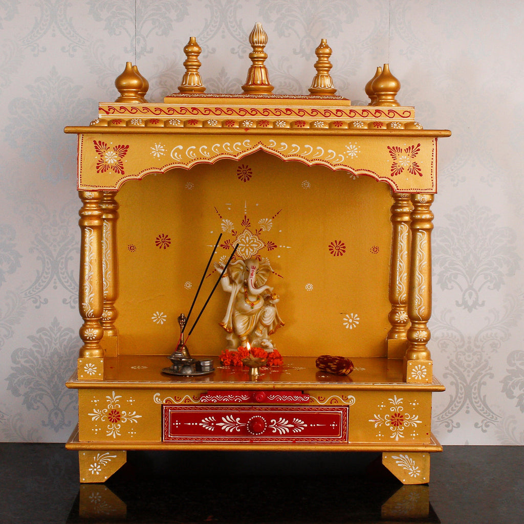 Golden and Yellow Wooden Pooja Temple/Mandir with Storage Option Kafalo