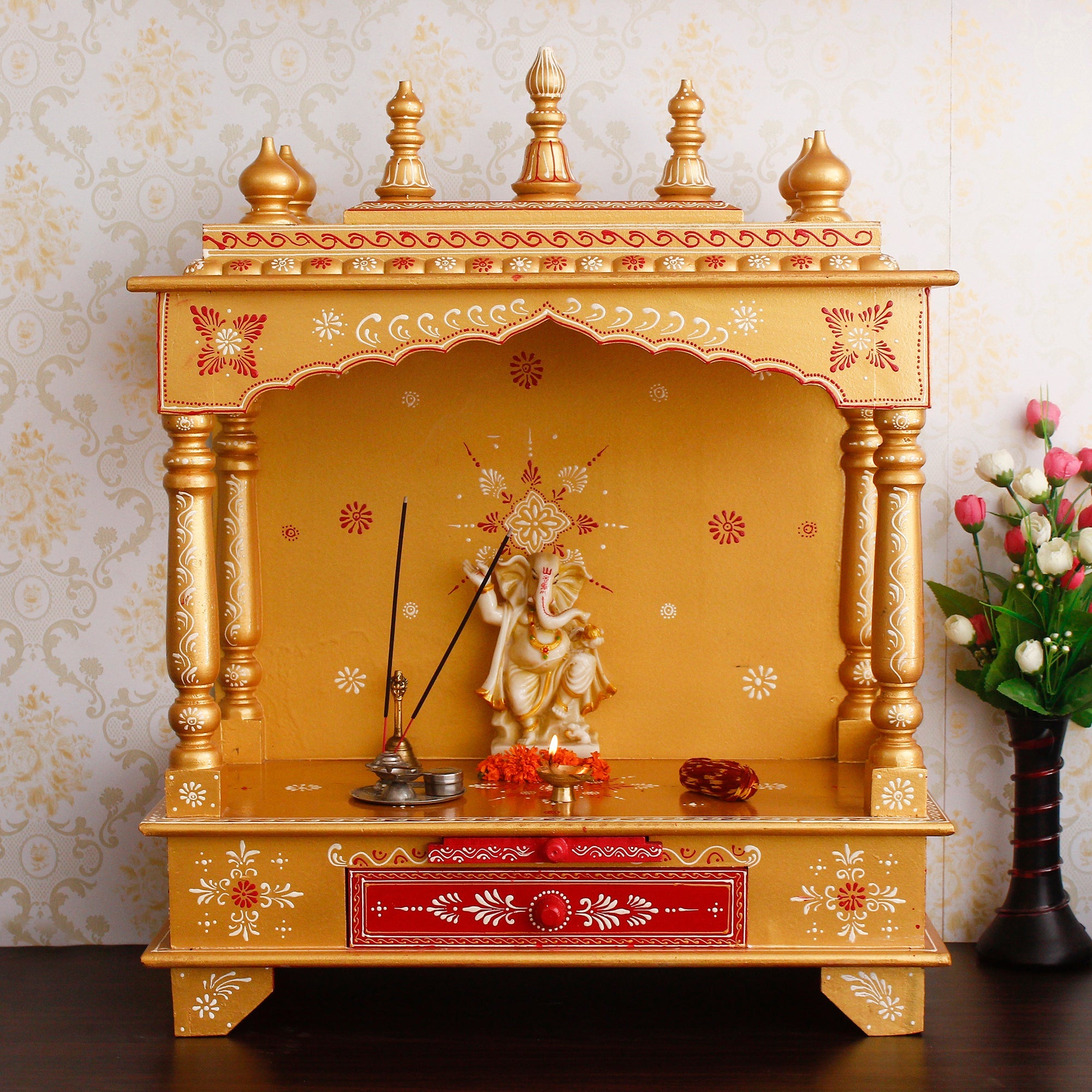 Golden and Yellow Wooden Pooja Temple/Mandir with Storage Option Kafalo