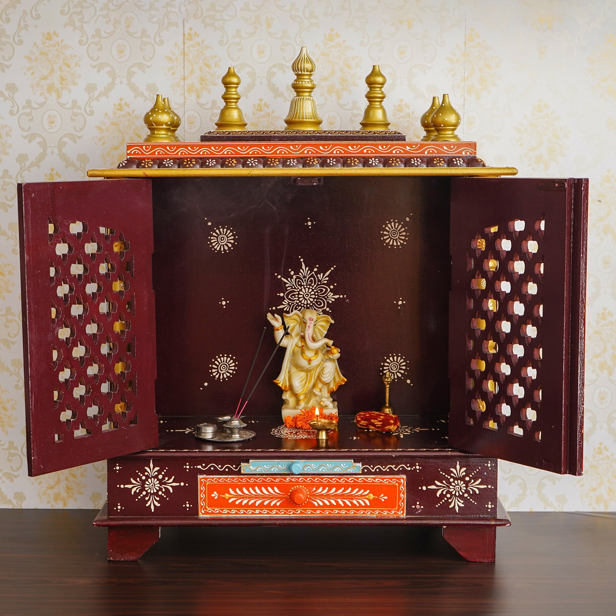 Multicolor Wooden multicolor Pooja Temple/Mandir with Door and Storage Option Kafalo