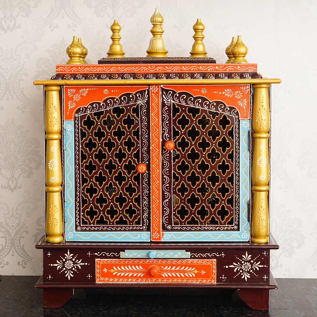 Multicolor Wooden multicolor Pooja Temple/Mandir with Door and Storage Option Kafalo