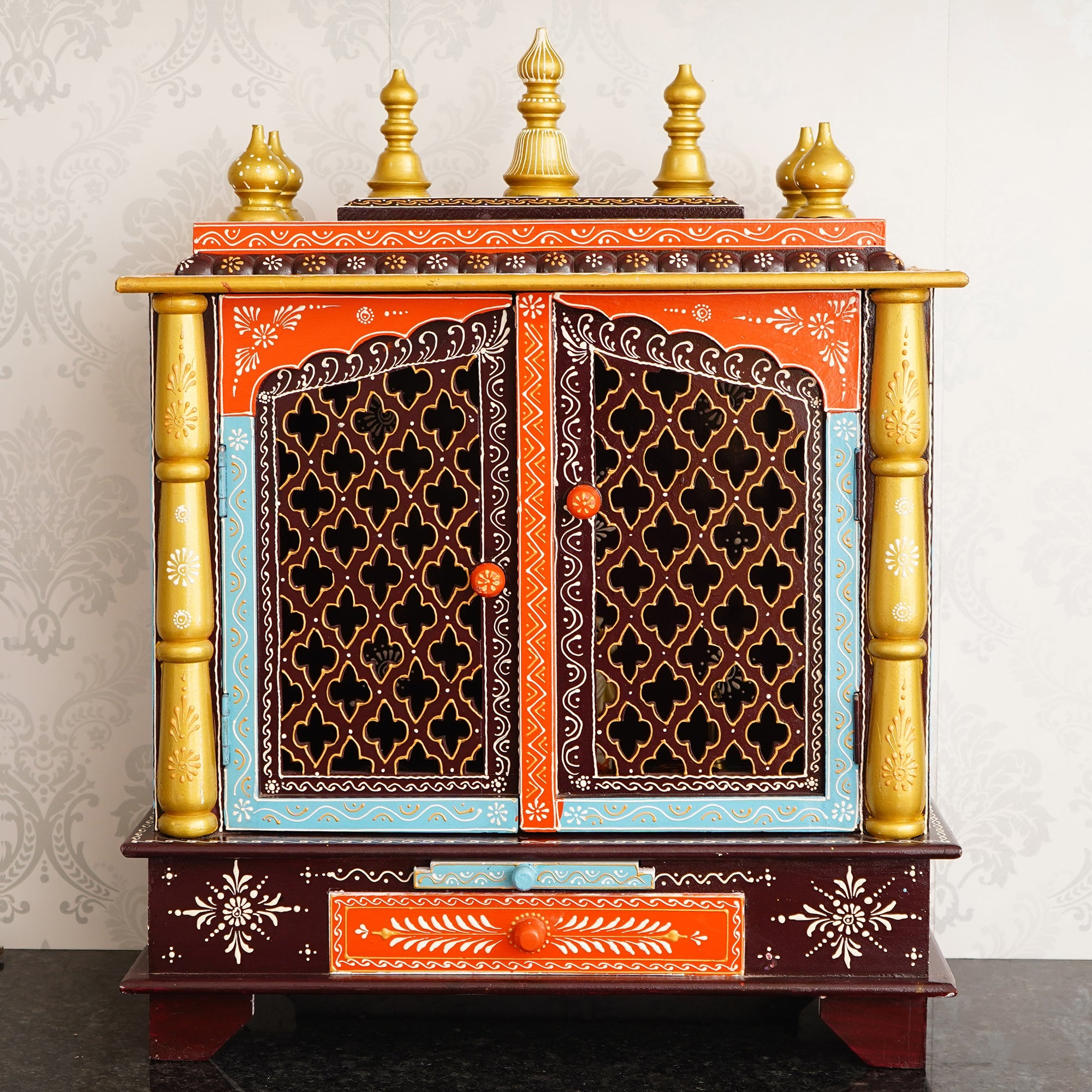 Multicolor Wooden multicolor Pooja Temple/Mandir with Door and Storage Option Kafalo