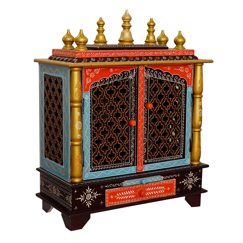 Multicolor Wooden multicolor Pooja Temple/Mandir with Door and Storage Option Kafalo