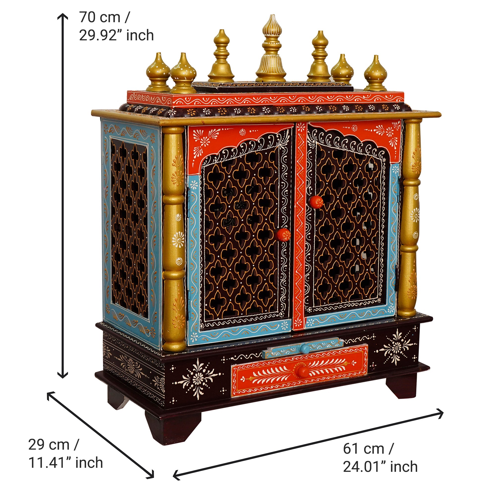 Multicolor Wooden multicolor Pooja Temple/Mandir with Door and Storage Option Kafalo