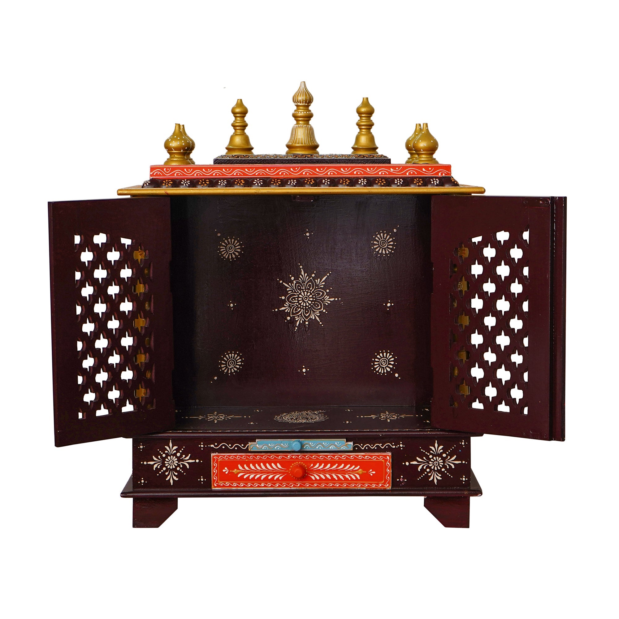 Multicolor Wooden multicolor Pooja Temple/Mandir with Door and Storage Option Kafalo