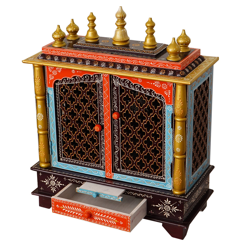 Multicolor Wooden multicolor Pooja Temple/Mandir with Door and Storage Option Kafalo