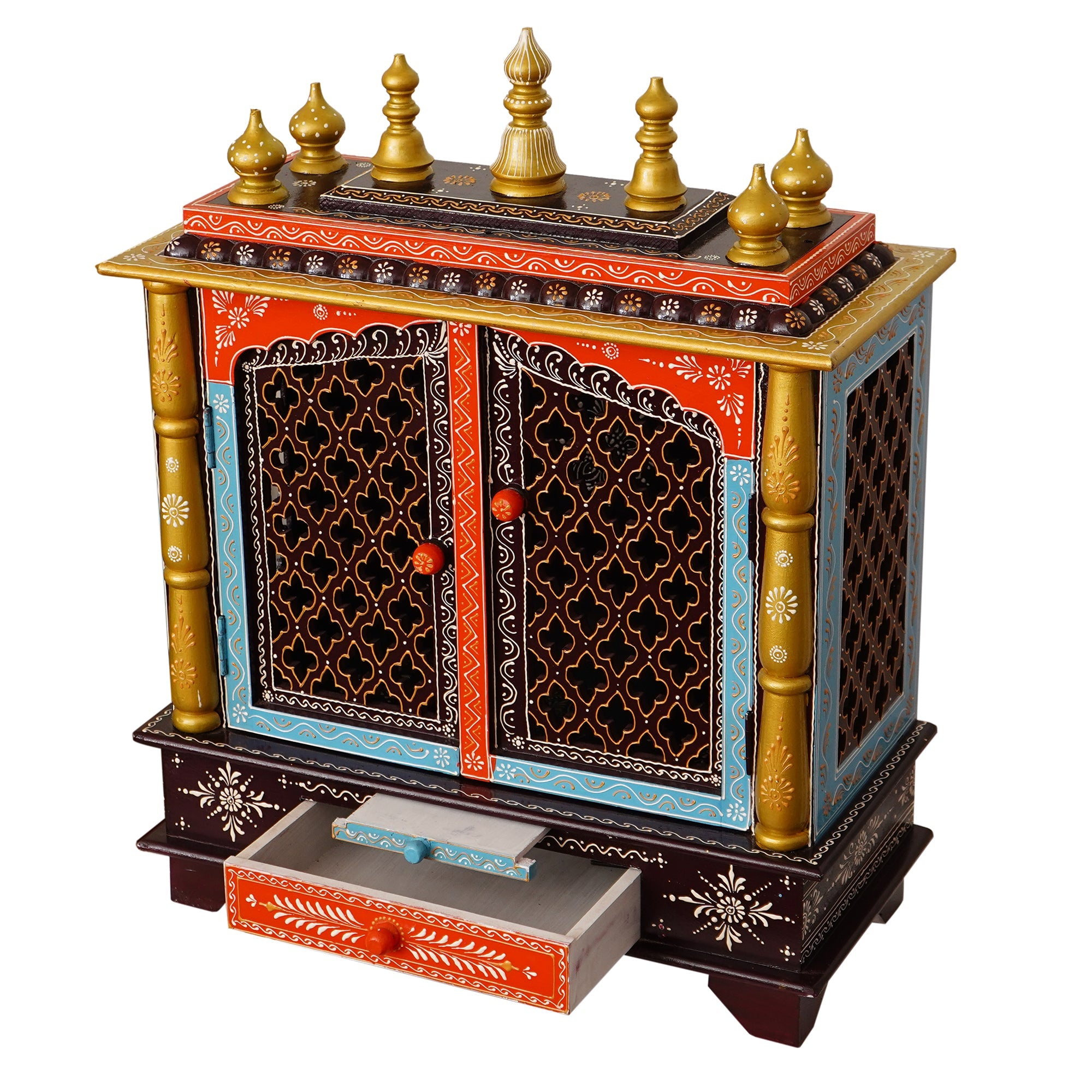Multicolor Wooden multicolor Pooja Temple/Mandir with Door and Storage Option Kafalo