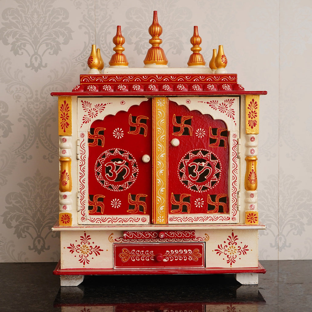 White and Red Wooden Pooja Temple/Mandir with Door and Storage Option Kafalo