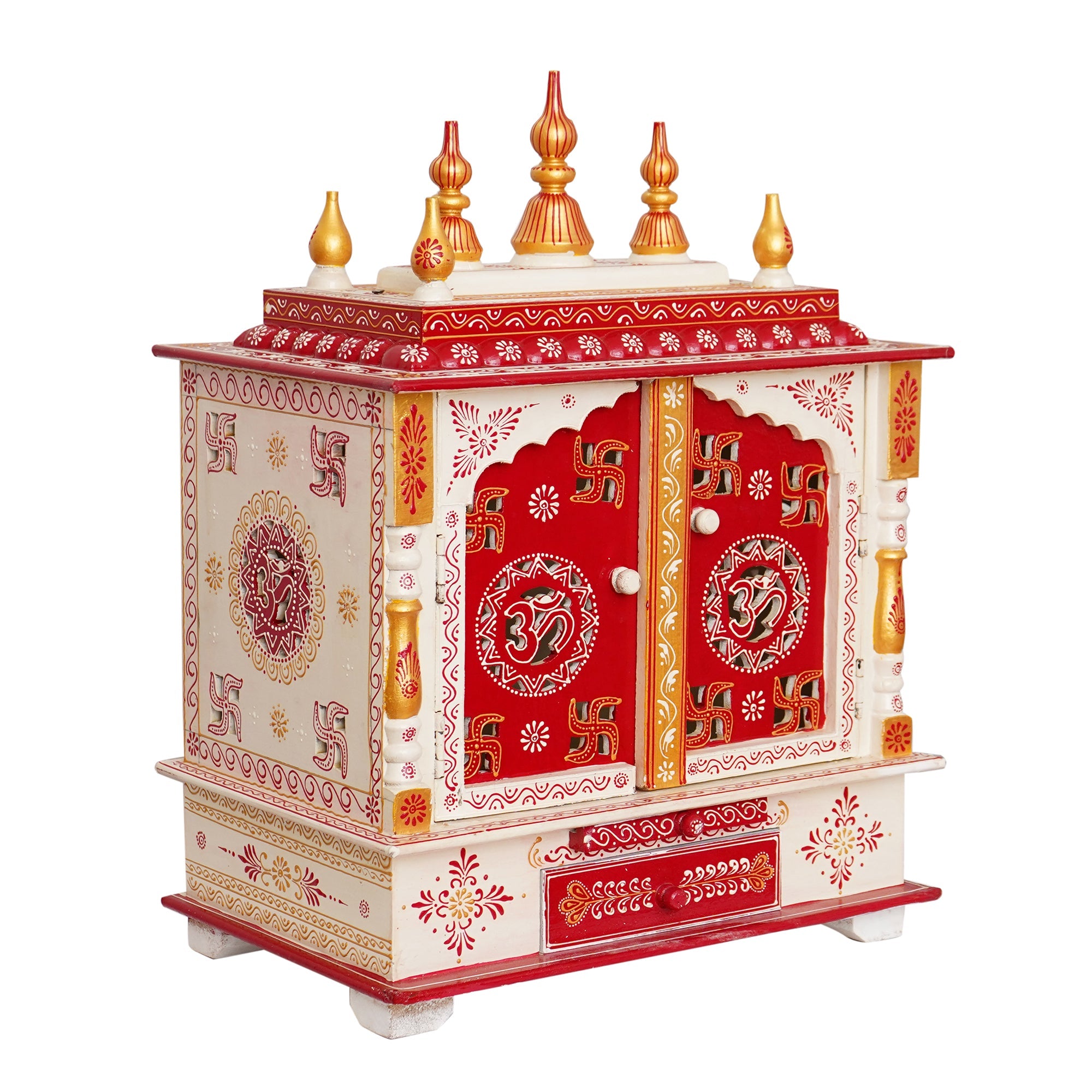 White and Red Wooden Pooja Temple/Mandir with Door and Storage Option Kafalo