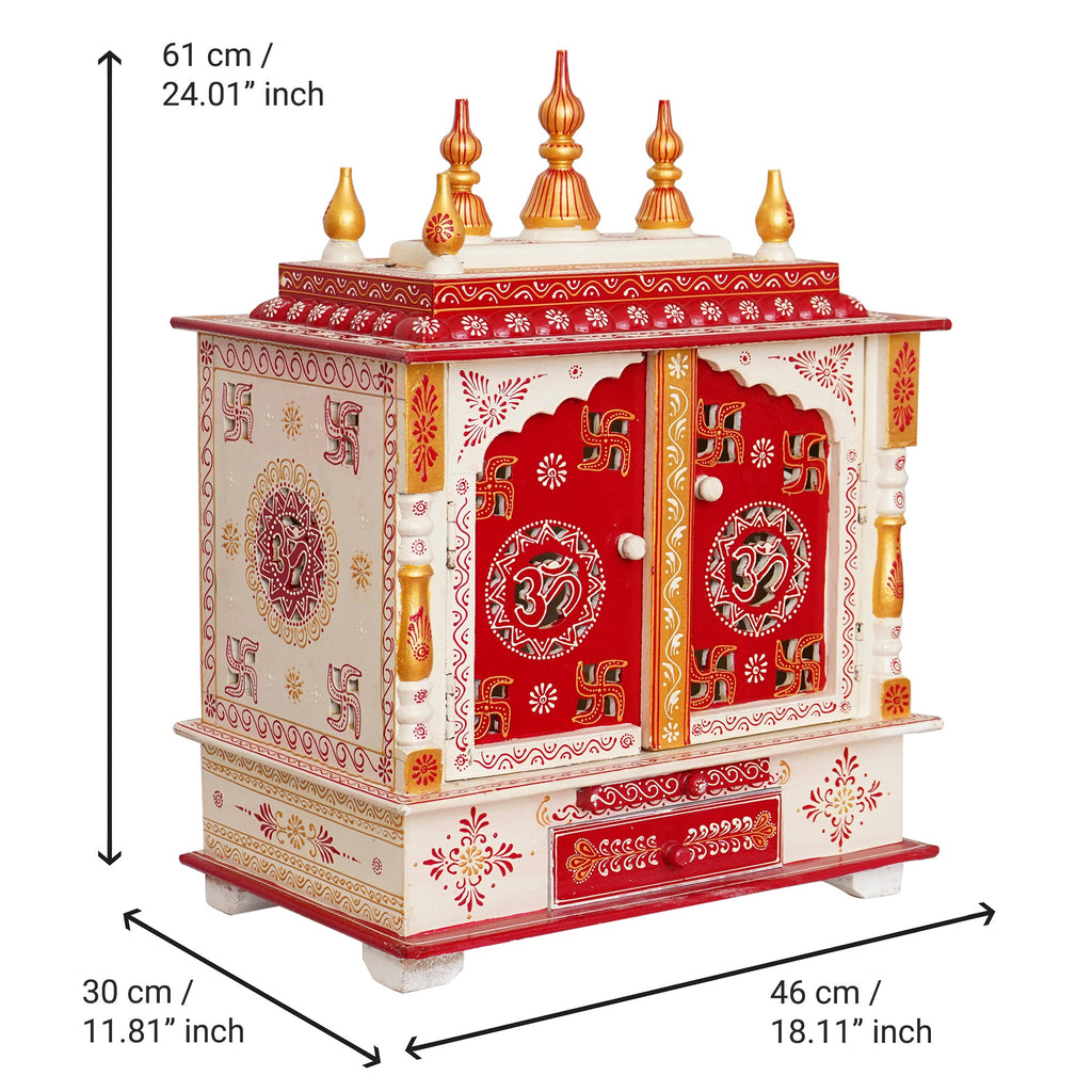 White and Red Wooden Pooja Temple/Mandir with Door and Storage Option Kafalo