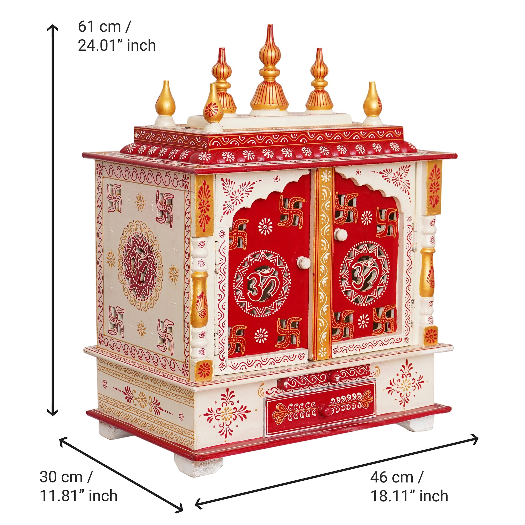 White and Red Wooden Pooja Temple/Mandir with Door and Storage Option Kafalo