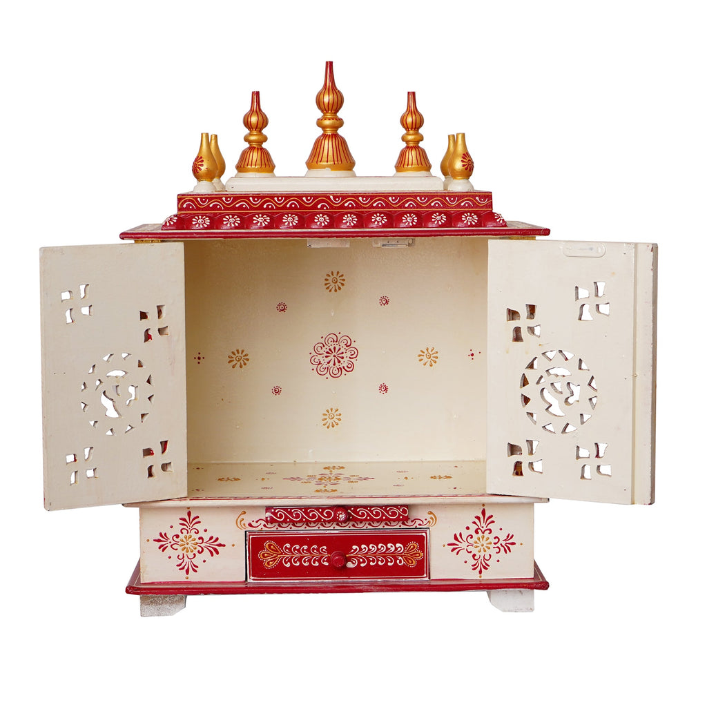 White and Red Wooden Pooja Temple/Mandir with Door and Storage Option Kafalo