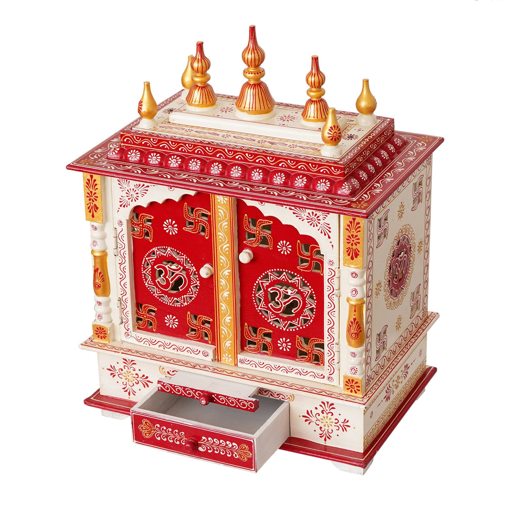 White and Red Wooden Pooja Temple/Mandir with Door and Storage Option Kafalo