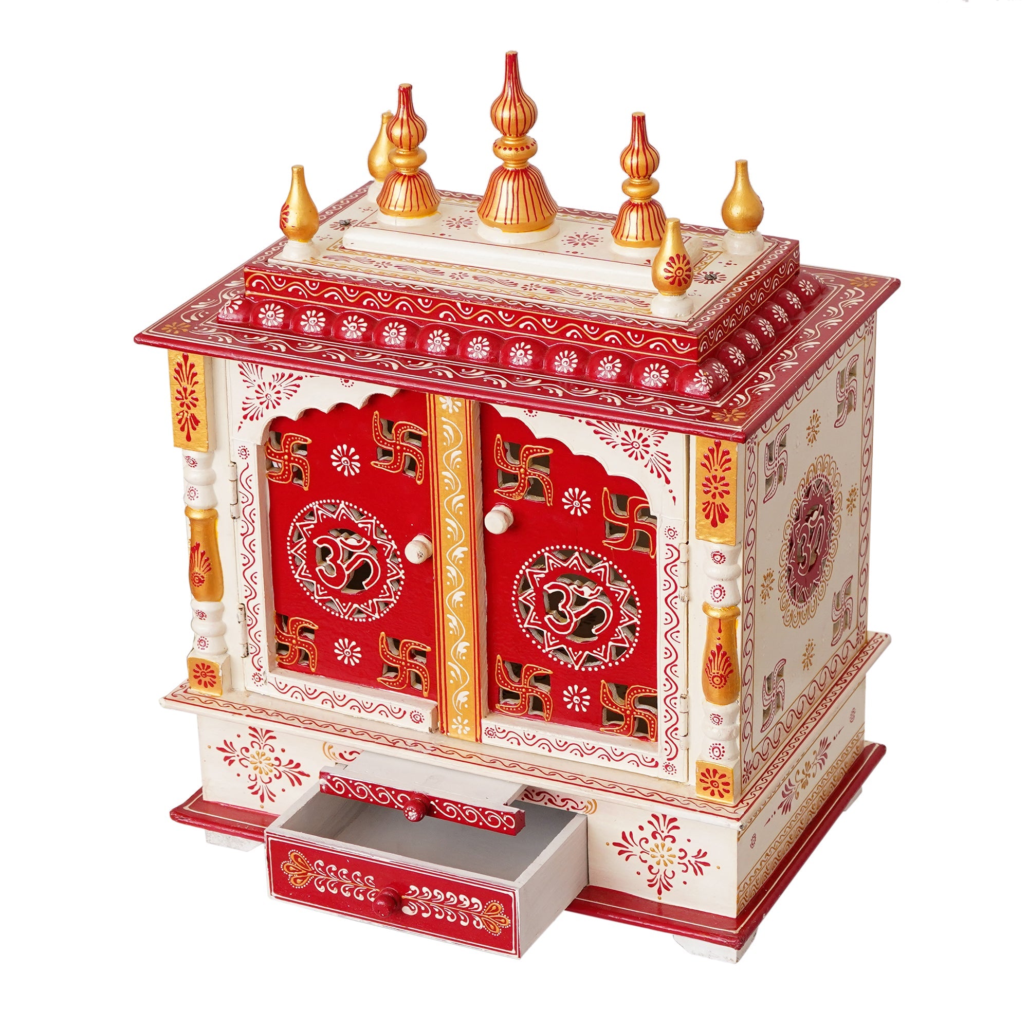 White and Red Wooden Pooja Temple/Mandir with Door and Storage Option Kafalo