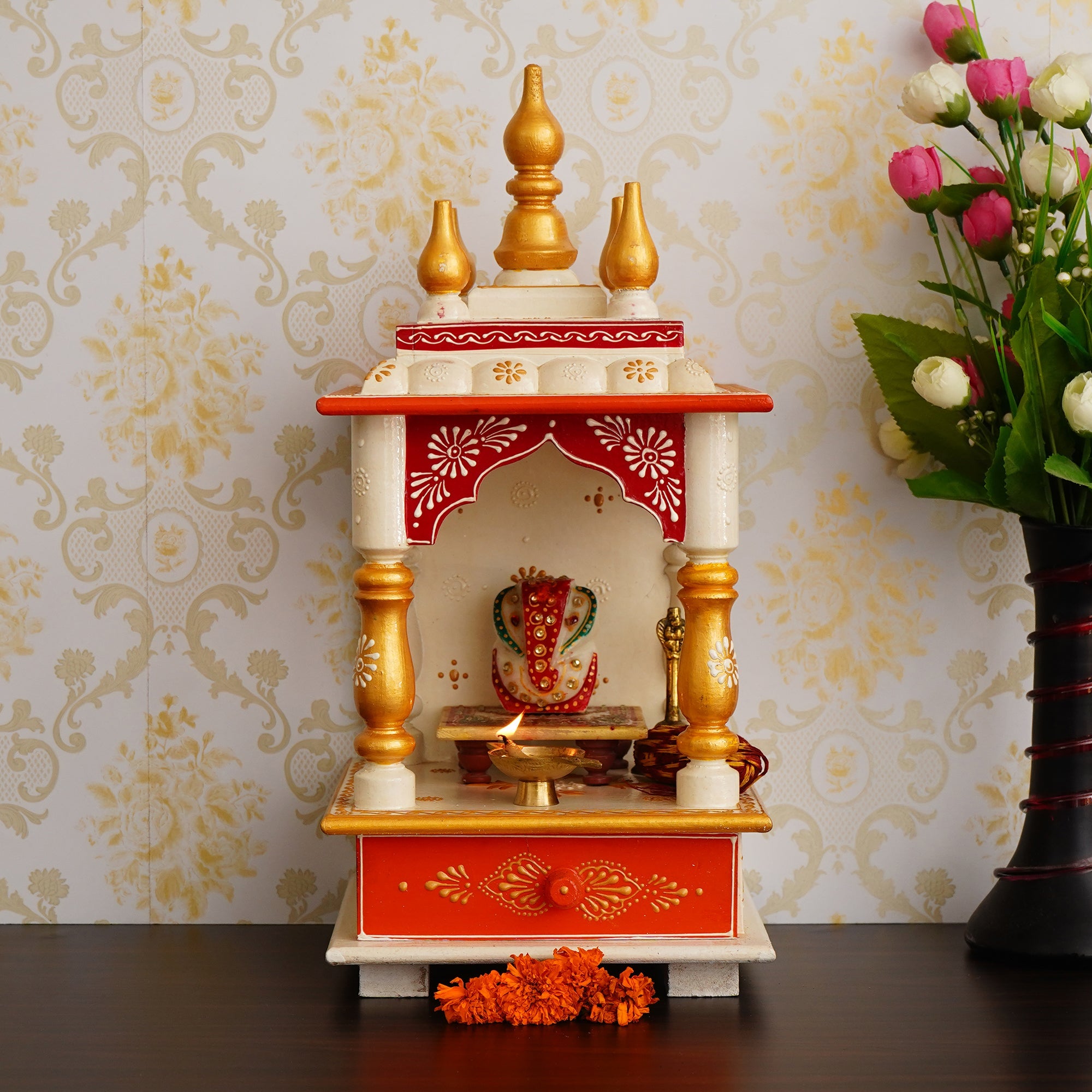 White, Red and Golden Wooden Pooja Temple/Mandir with Storage Option Kafalo