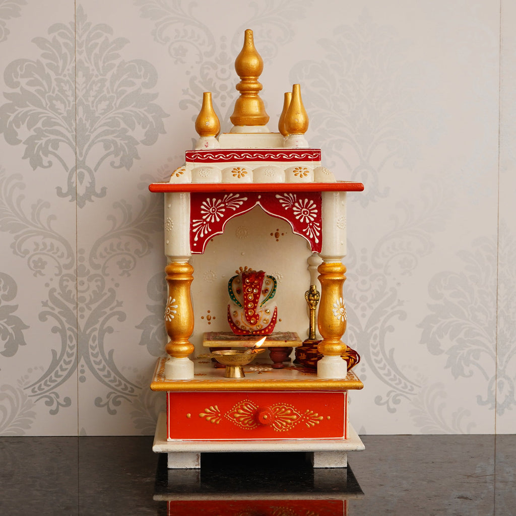 White, Red and Golden Wooden Pooja Temple/Mandir with Storage Option Kafalo