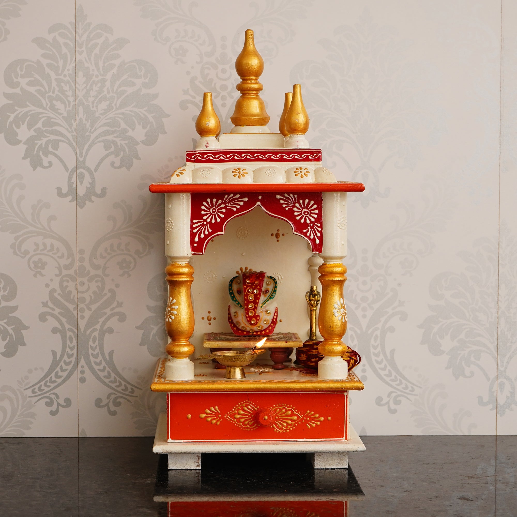 White, Red and Golden Wooden Pooja Temple/Mandir with Storage Option Kafalo
