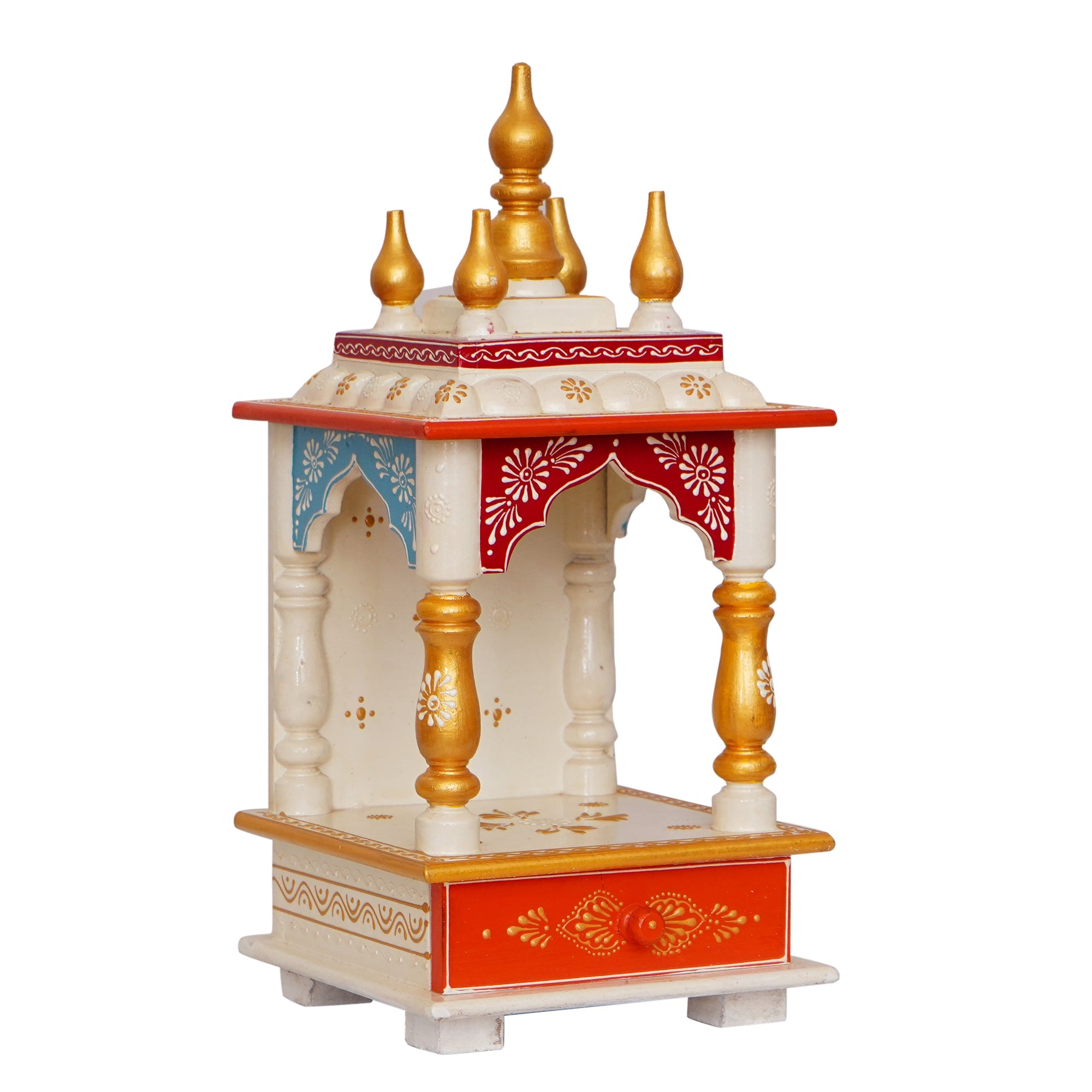 White, Red and Golden Wooden Pooja Temple/Mandir with Storage Option Kafalo