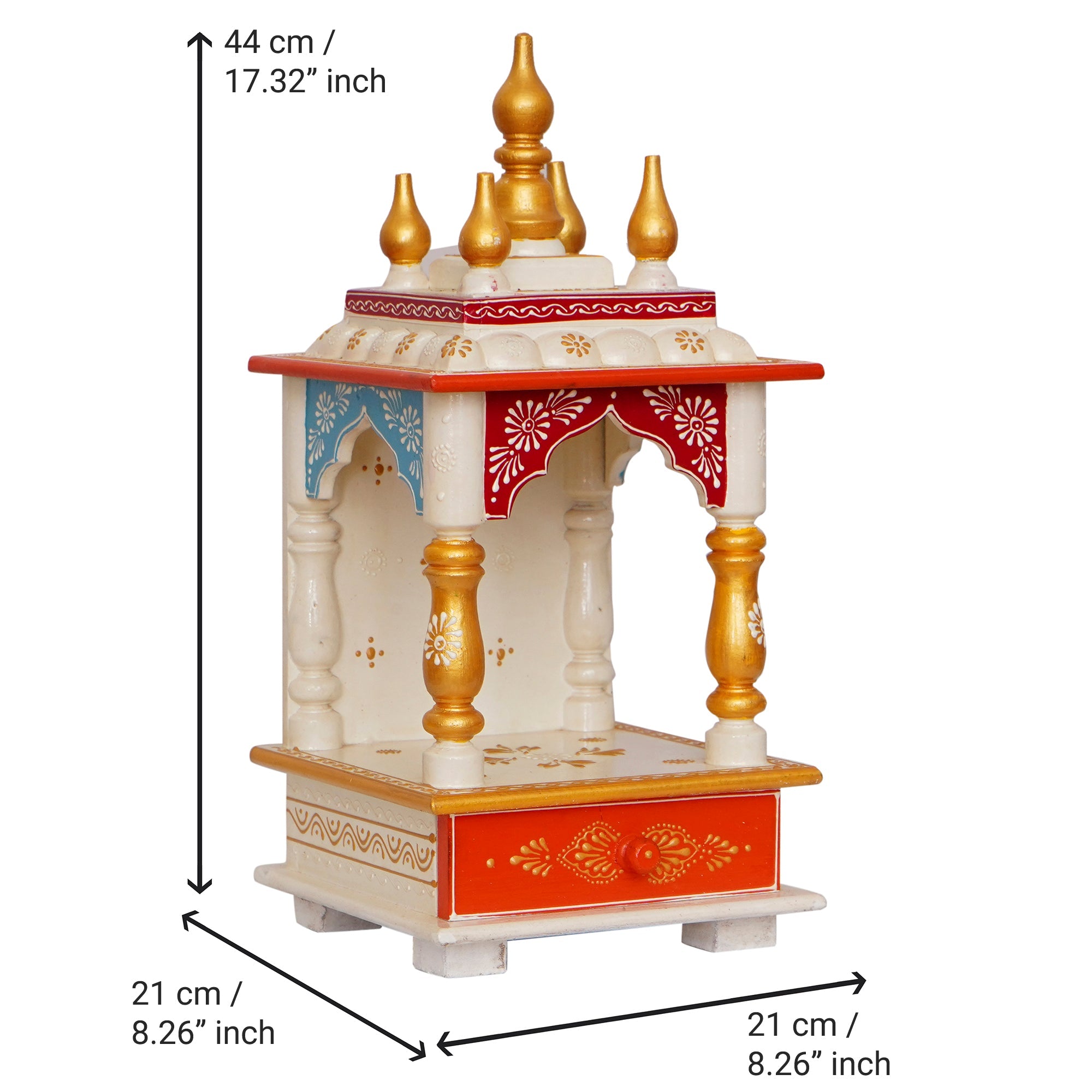 White, Red and Golden Wooden Pooja Temple/Mandir with Storage Option Kafalo