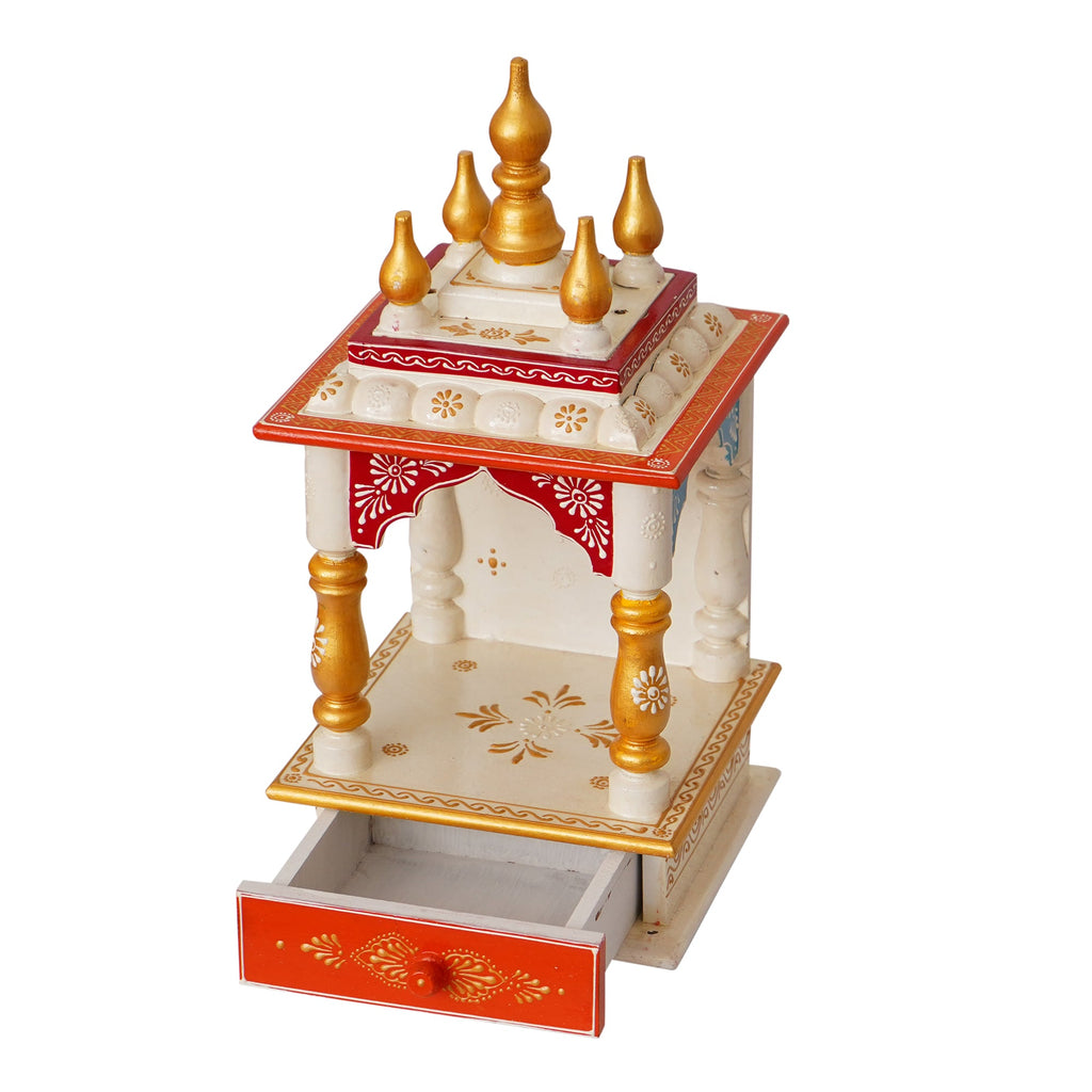 White, Red and Golden Wooden Pooja Temple/Mandir with Storage Option Kafalo