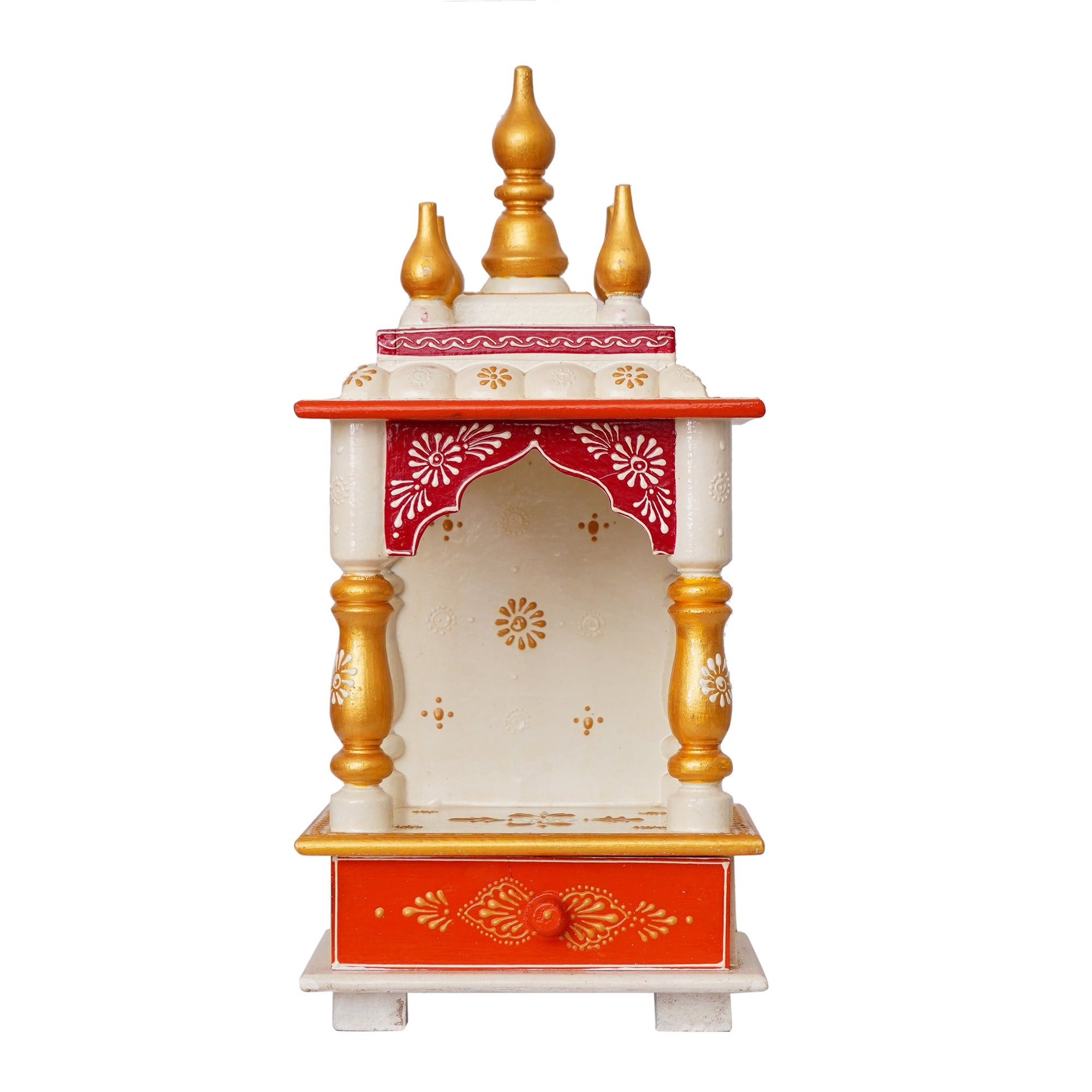 White, Red and Golden Wooden Pooja Temple/Mandir with Storage Option Kafalo
