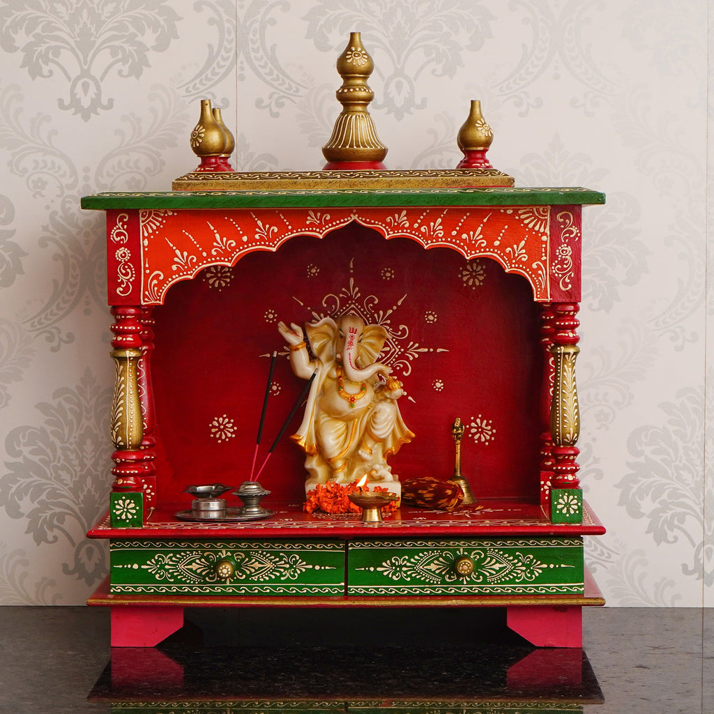 Red and Green Wooden Pooja Temple/Mandir with Storage Option Kafalo