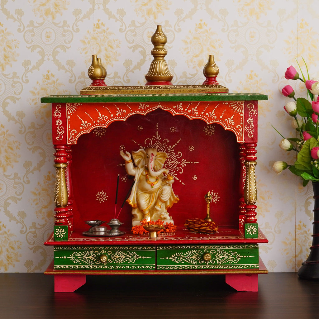 Red and Green Wooden Pooja Temple/Mandir with Storage Option Kafalo