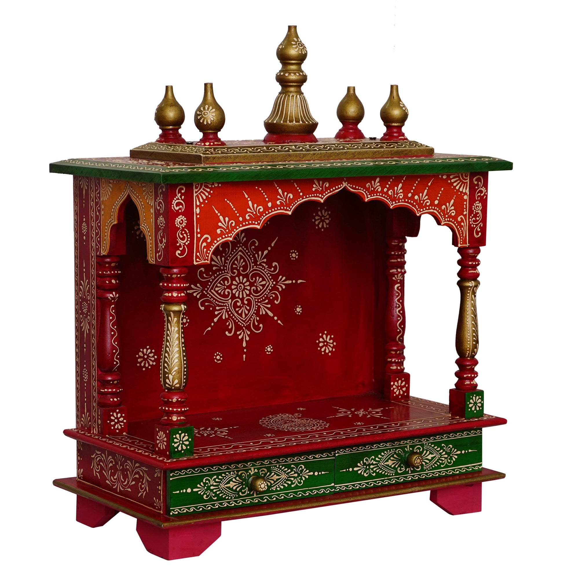 Red and Green Wooden Pooja Temple/Mandir with Storage Option Kafalo