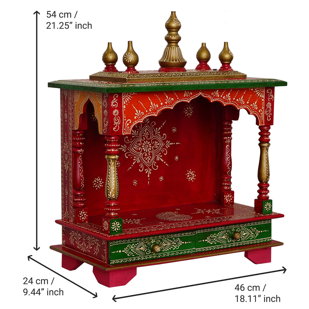 Red and Green Wooden Pooja Temple/Mandir with Storage Option Kafalo
