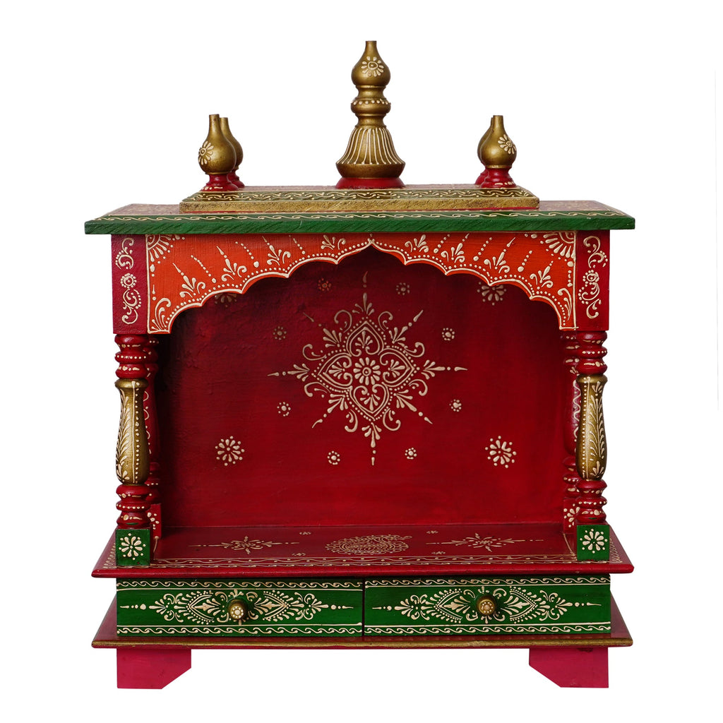 Red and Green Wooden Pooja Temple/Mandir with Storage Option Kafalo