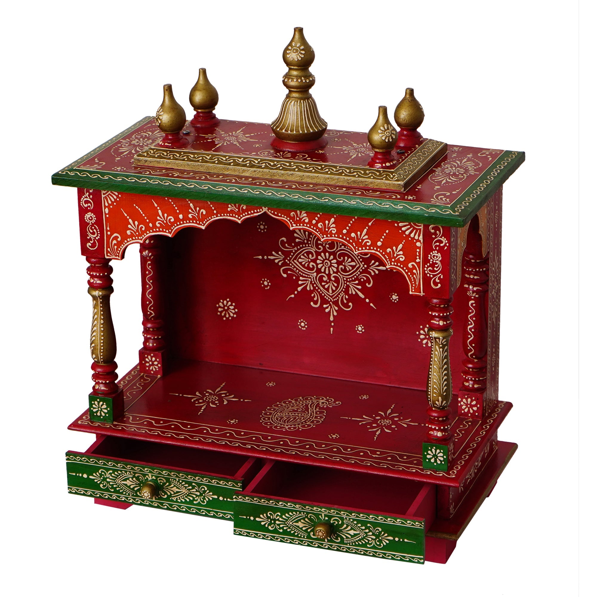 Red and Green Wooden Pooja Temple/Mandir with Storage Option Kafalo