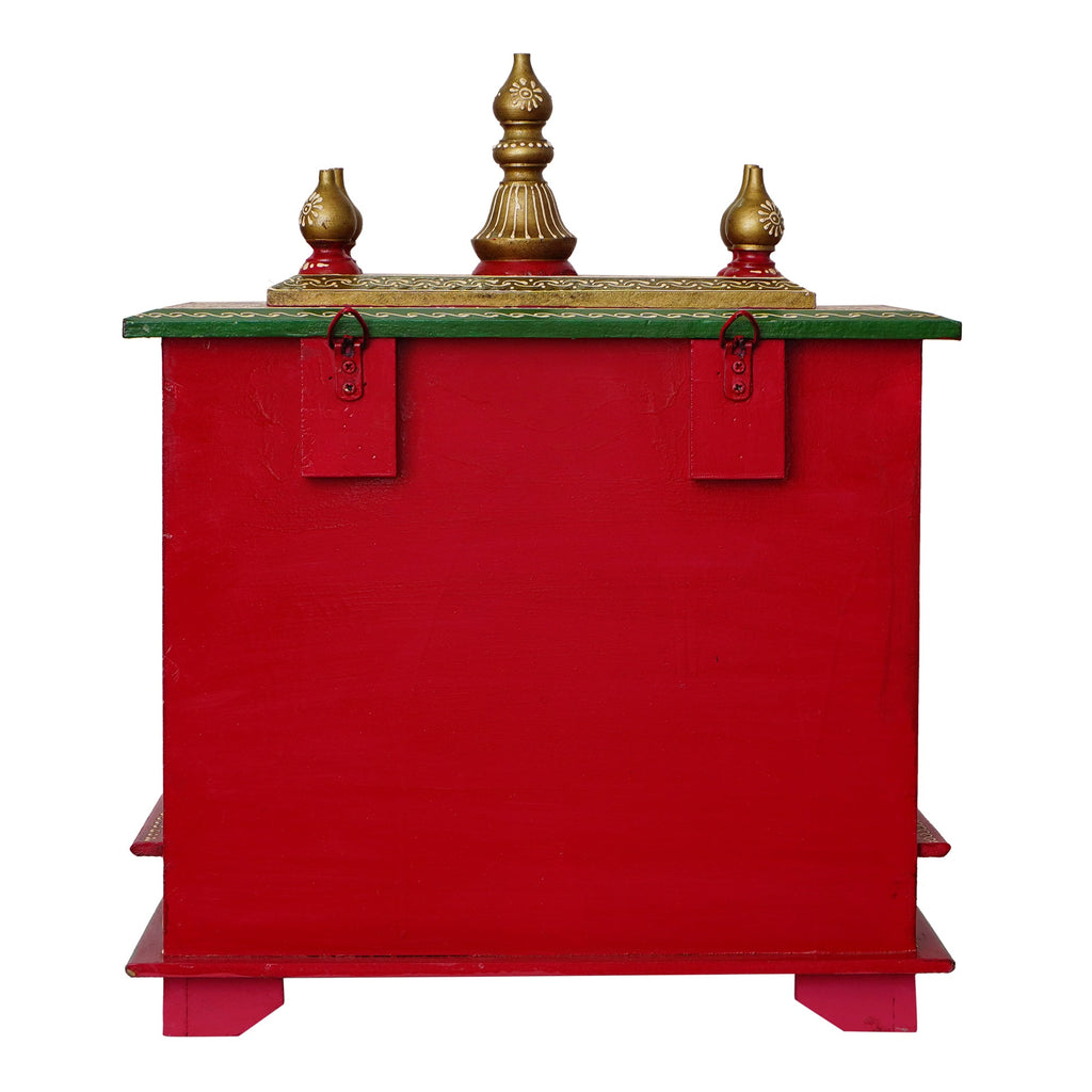 Red and Green Wooden Pooja Temple/Mandir with Storage Option Kafalo