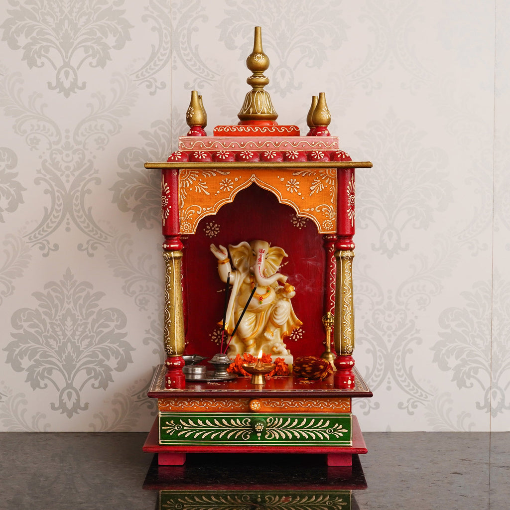 Red, Orange and Green Wooden Pooja Temple/Mandir with Storage Option Kafalo