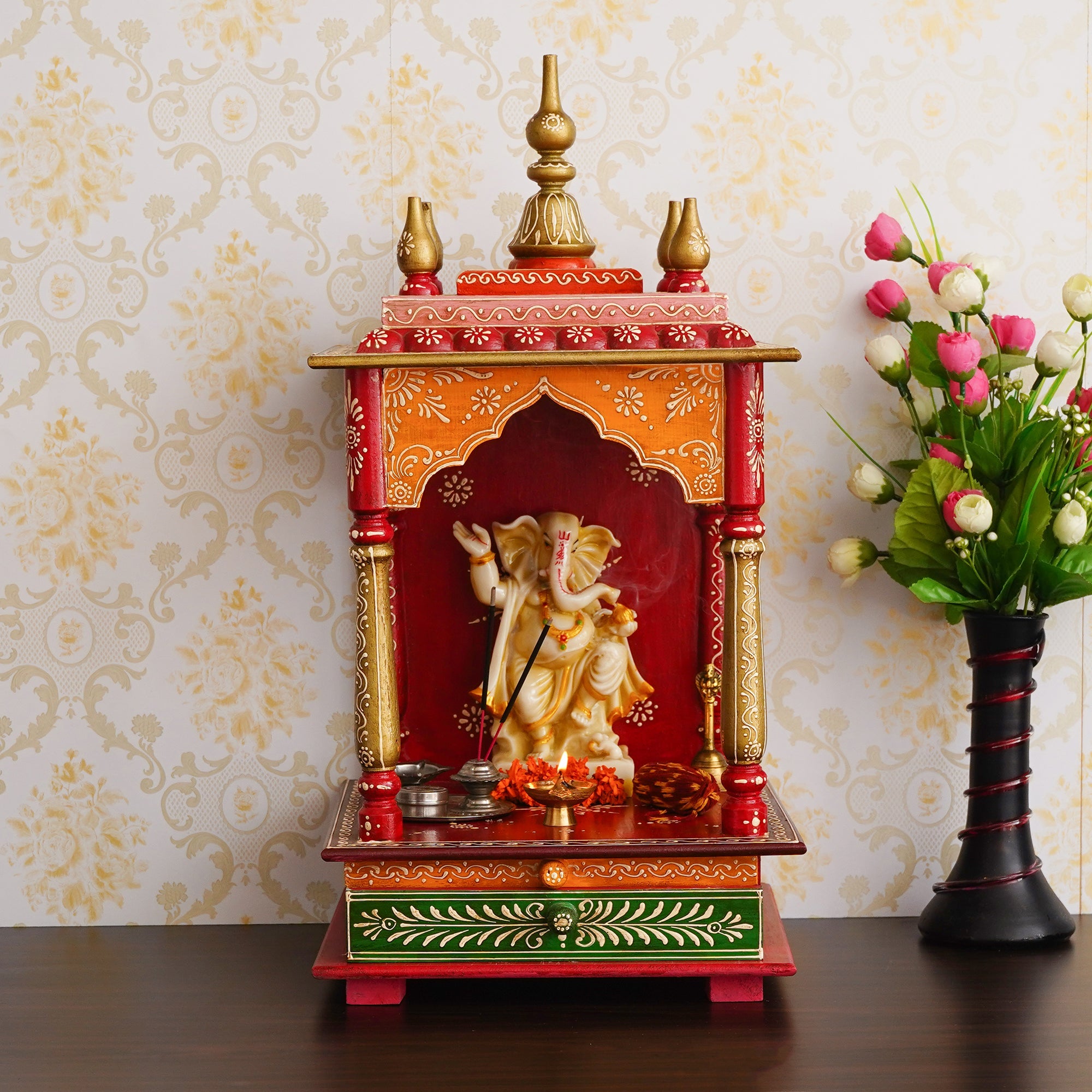Red, Orange and Green Wooden Pooja Temple/Mandir with Storage Option Kafalo
