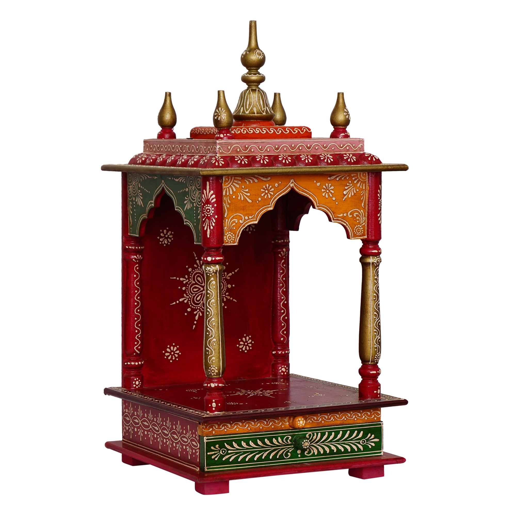 Red, Orange and Green Wooden Pooja Temple/Mandir with Storage Option Kafalo