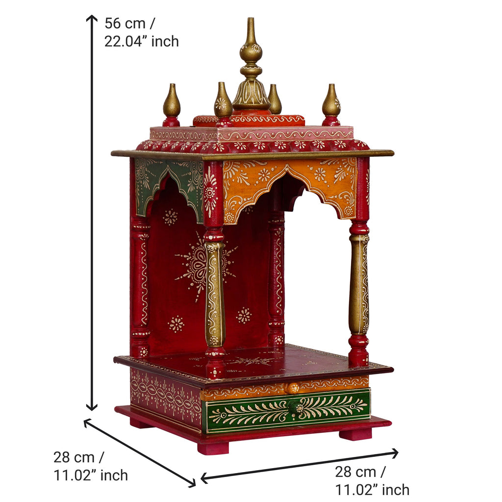 Red, Orange and Green Wooden Pooja Temple/Mandir with Storage Option Kafalo