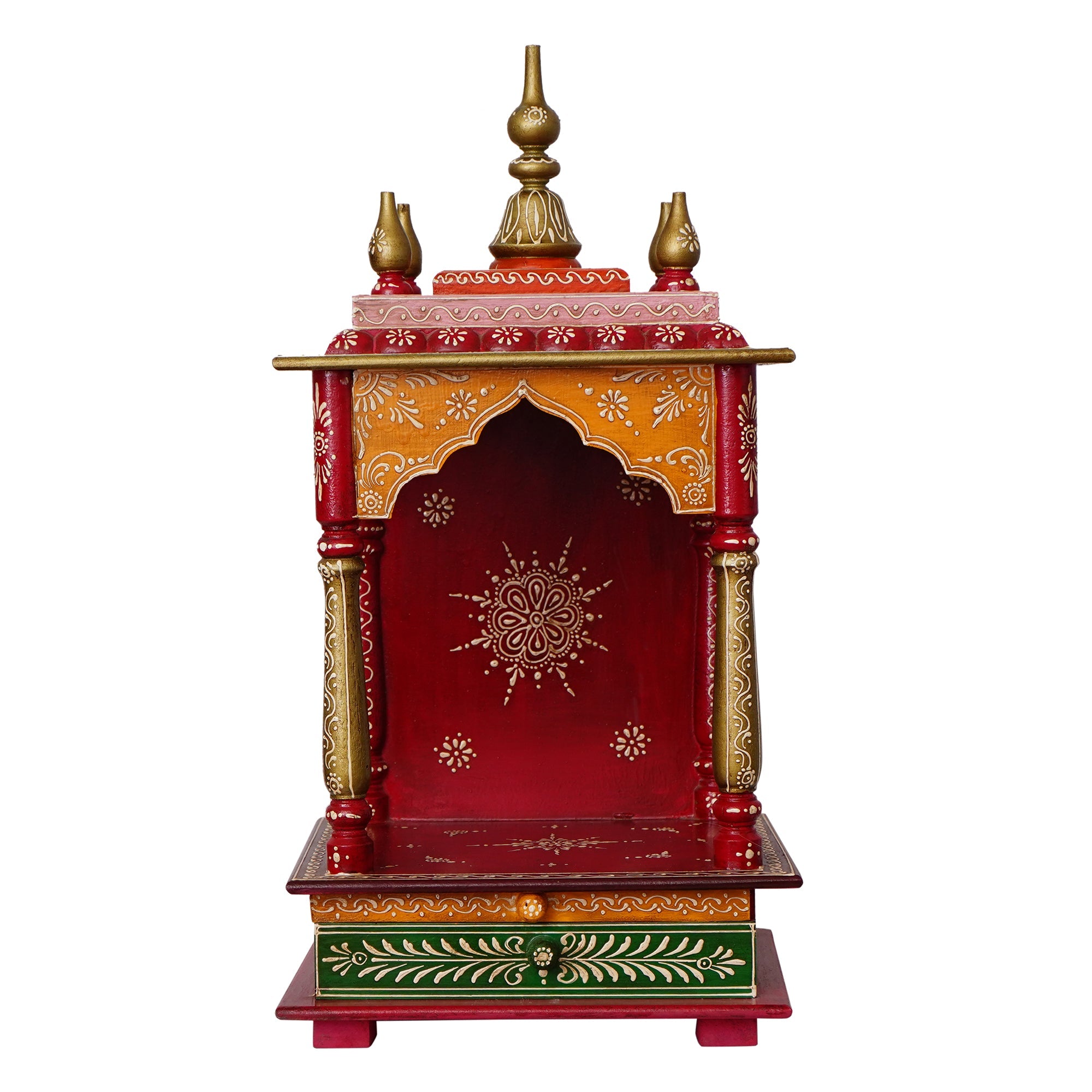 Red, Orange and Green Wooden Pooja Temple/Mandir with Storage Option Kafalo
