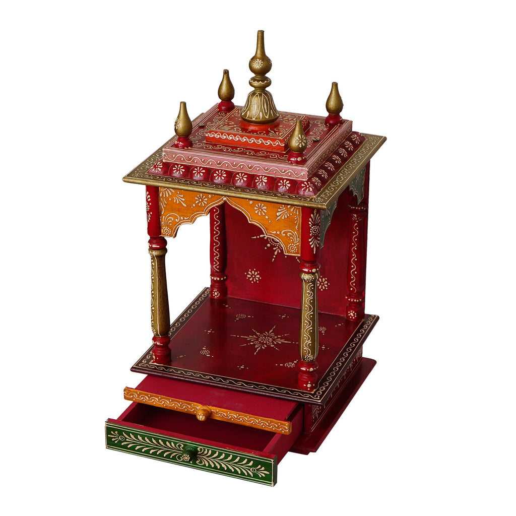 Red, Orange and Green Wooden Pooja Temple/Mandir with Storage Option Kafalo