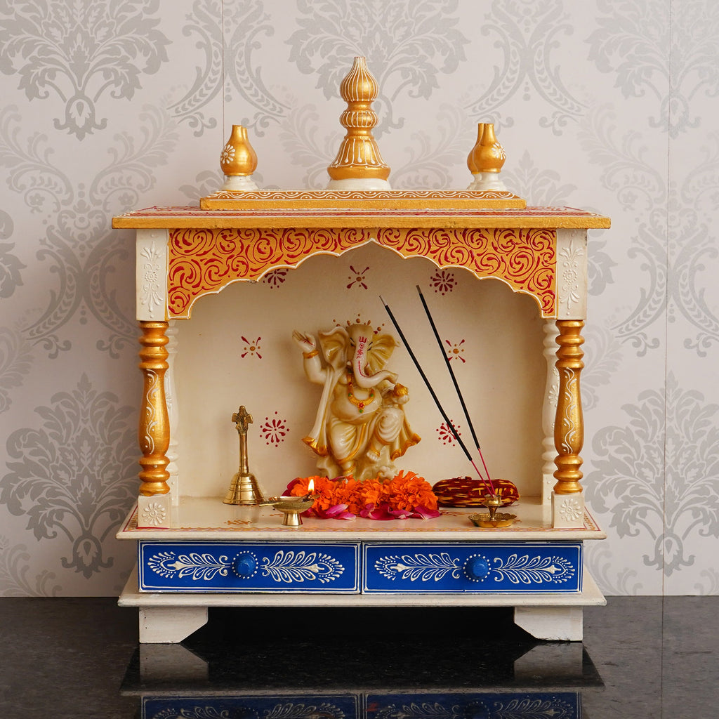 White and Blue Wooden Pooja Temple/Mandir with Storage Option Kafalo