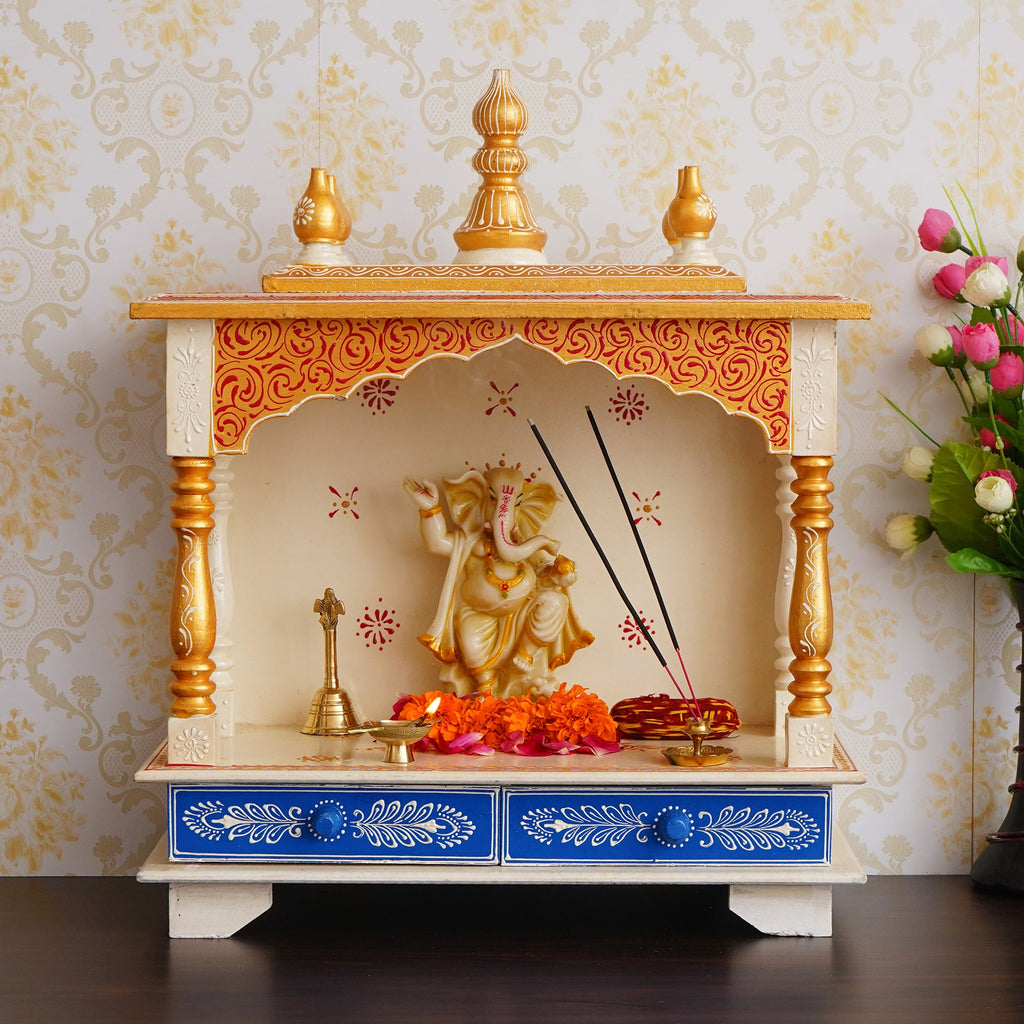 White and Blue Wooden Pooja Temple/Mandir with Storage Option Kafalo