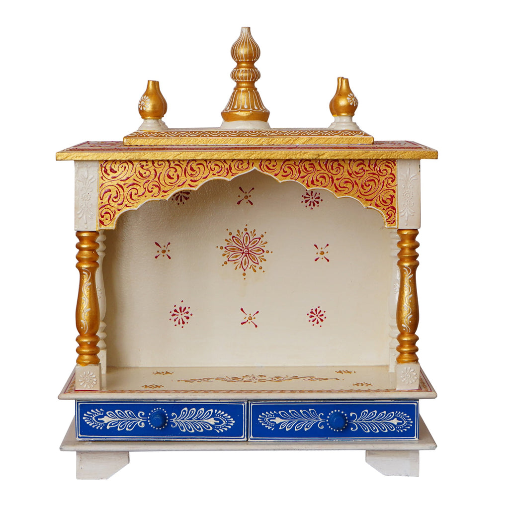 White and Blue Wooden Pooja Temple/Mandir with Storage Option Kafalo
