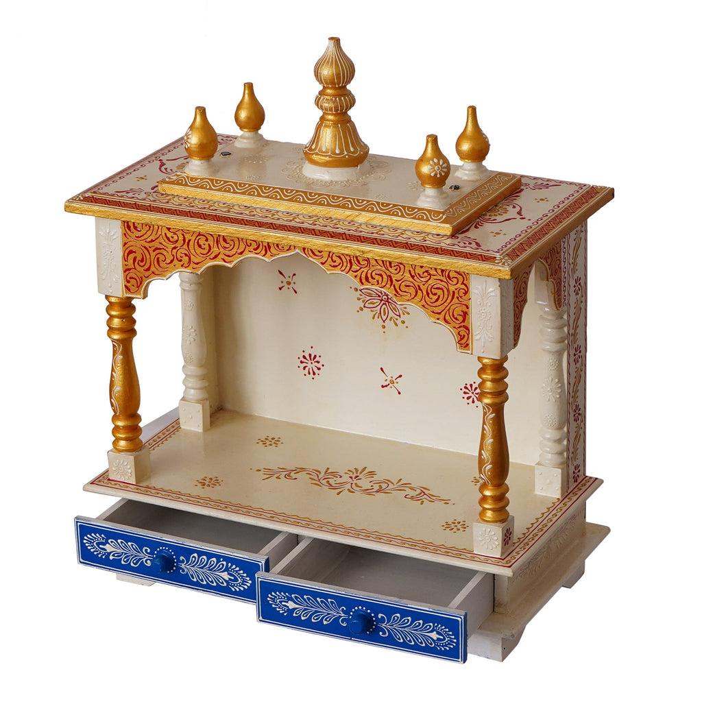 White and Blue Wooden Pooja Temple/Mandir with Storage Option Kafalo