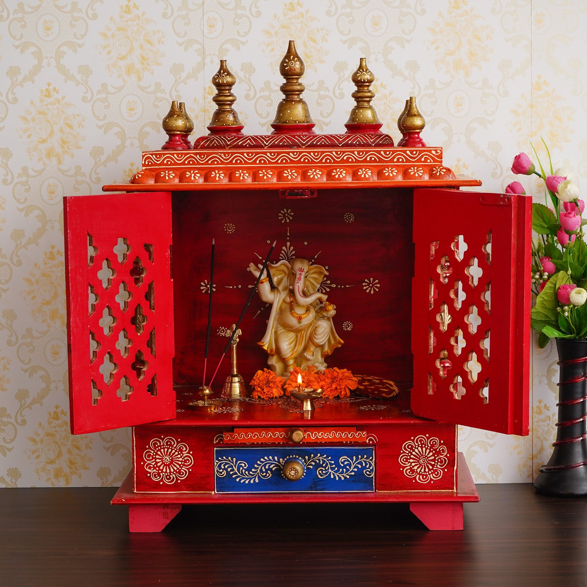 Red Wooden Pooja Temple/Mandir with Door and Storage Option Kafalo