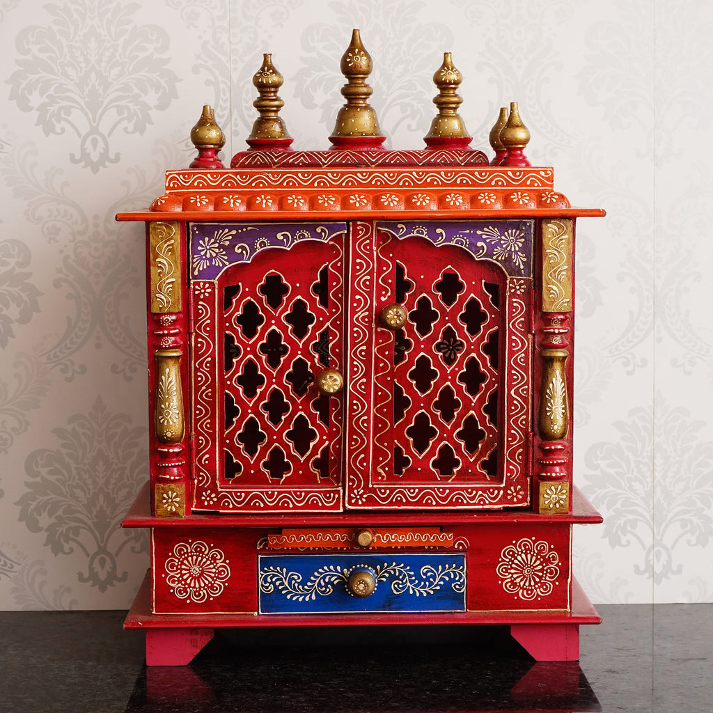 Red Wooden Pooja Temple/Mandir with Door and Storage Option Kafalo