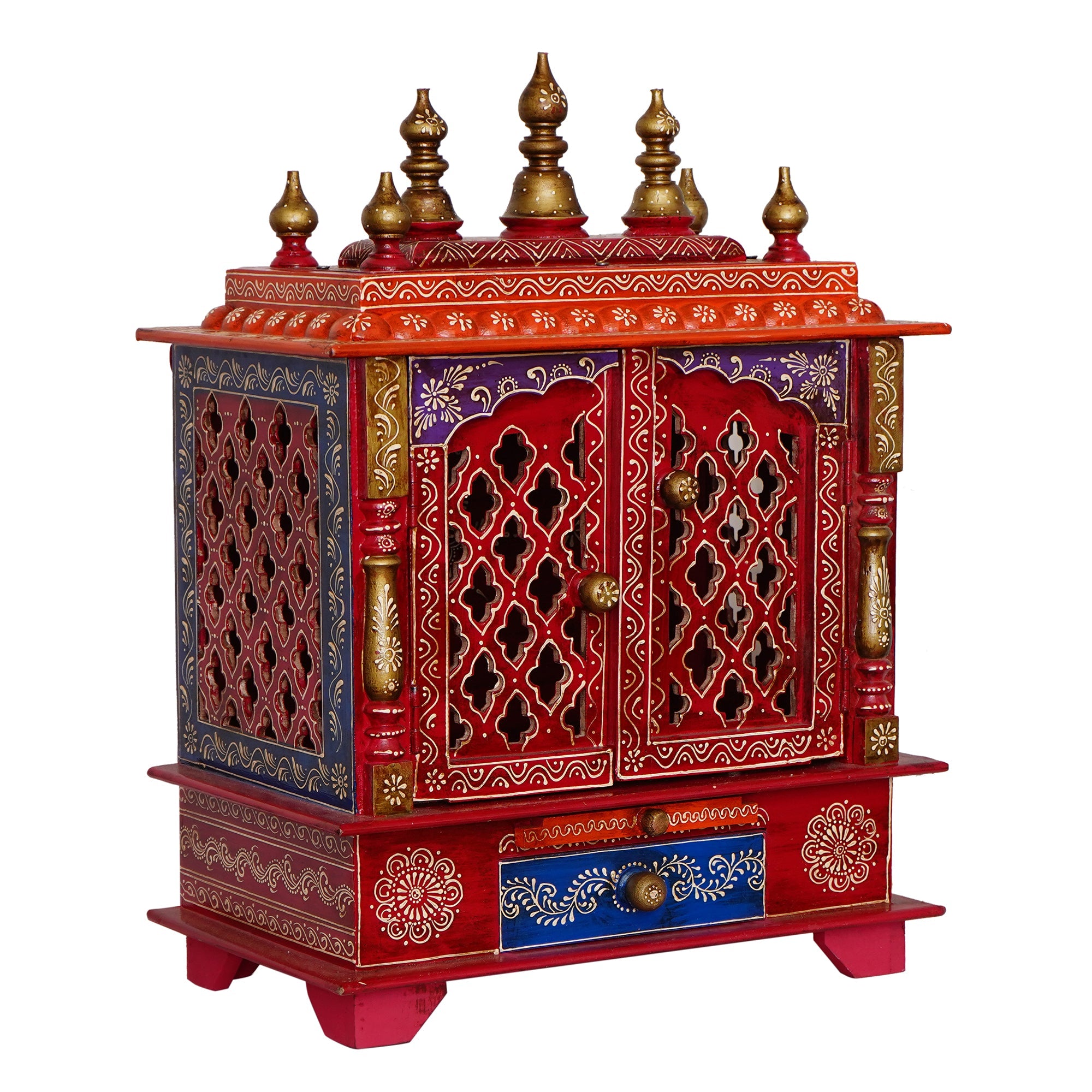 Red Wooden Pooja Temple/Mandir with Door and Storage Option Kafalo