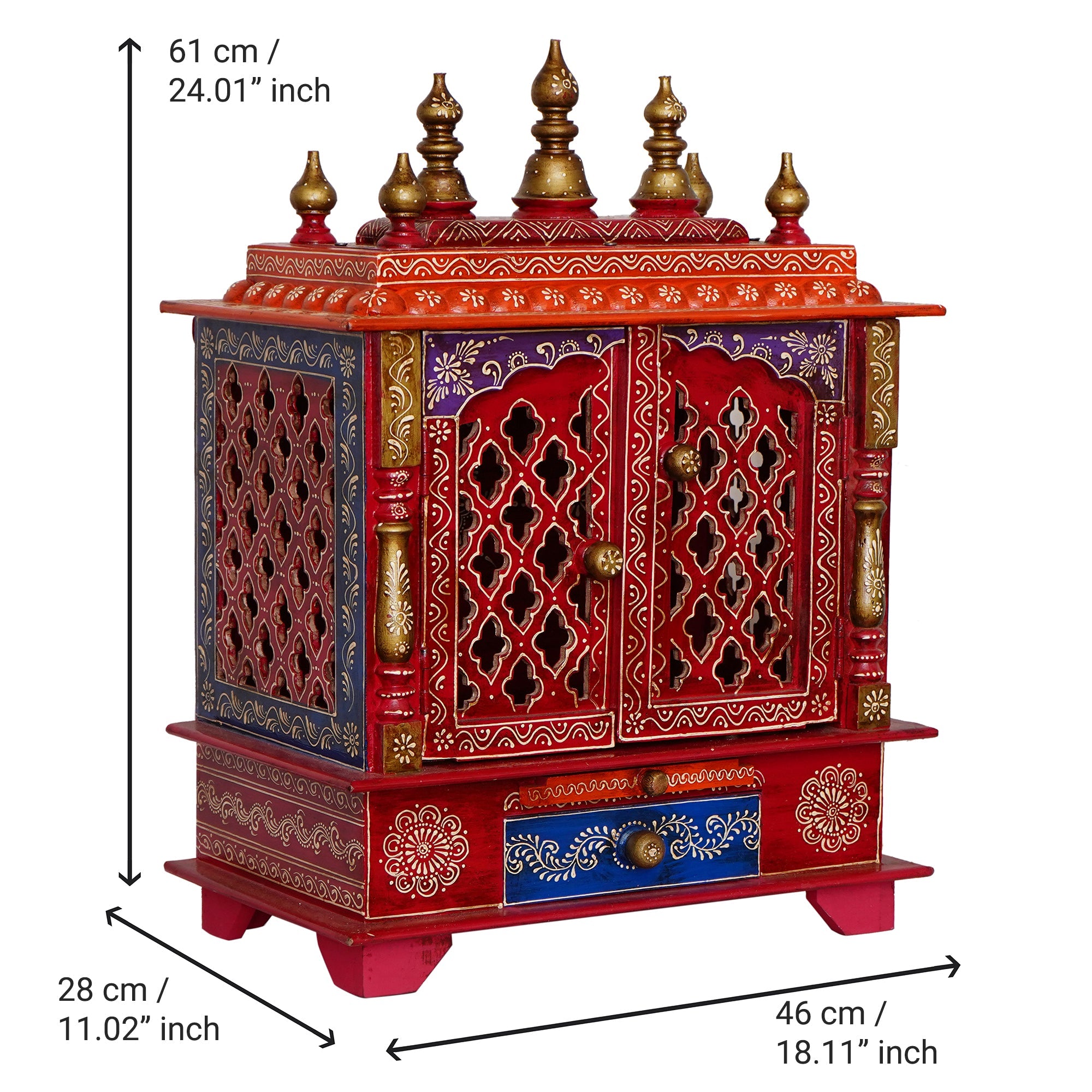 Red Wooden Pooja Temple/Mandir with Door and Storage Option Kafalo