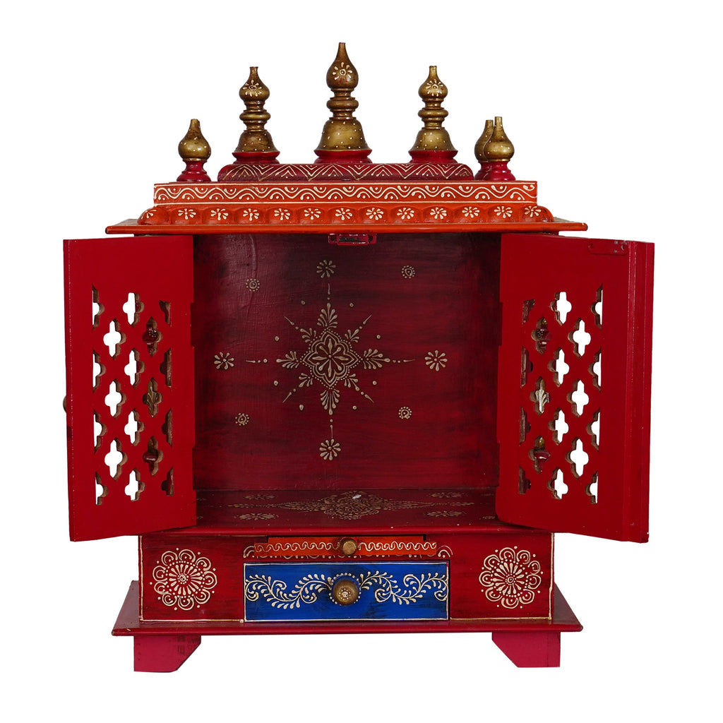 Red Wooden Pooja Temple/Mandir with Door and Storage Option Kafalo