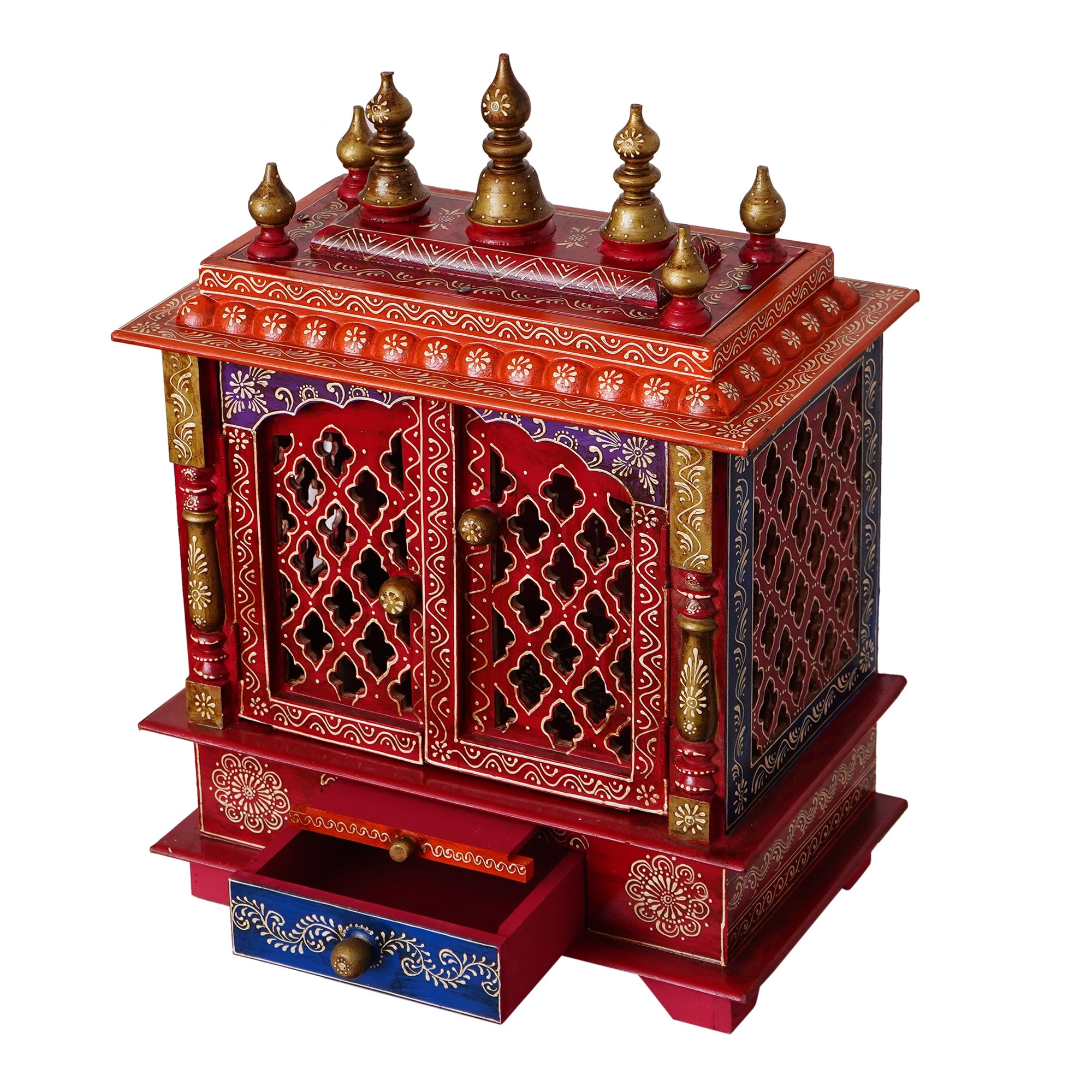 Red Wooden Pooja Temple/Mandir with Door and Storage Option Kafalo