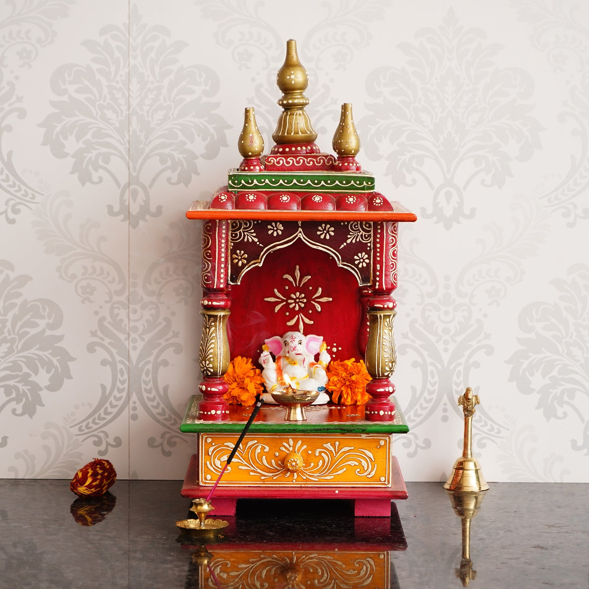 Red and Orange Wooden Pooja Temple/Mandir with Storage Option Kafalo
