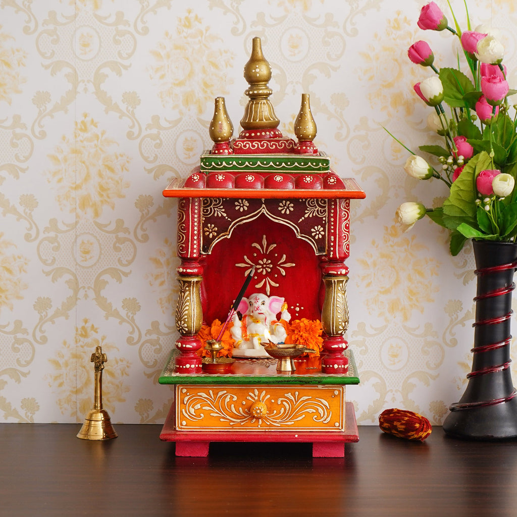 Red and Orange Wooden Pooja Temple/Mandir with Storage Option Kafalo